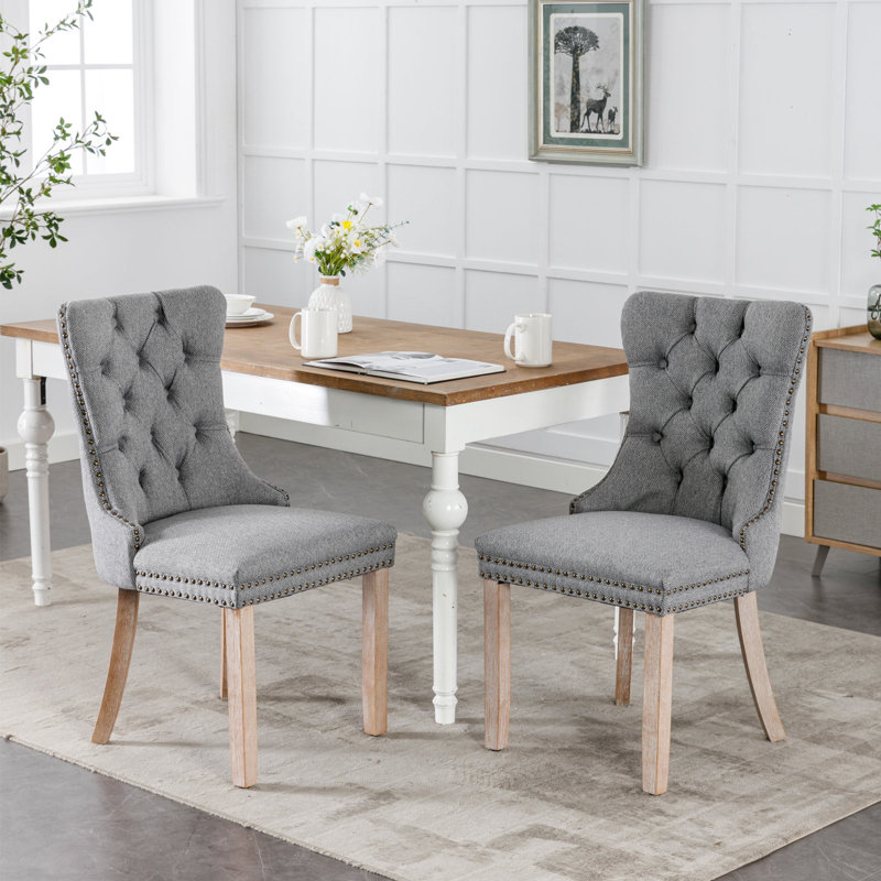 Allena Tufted Chairs Upholstered Chairs with Solid Wood Frame Nailhead Back and Ring Pull Trim , Linen Blend Gray, 2