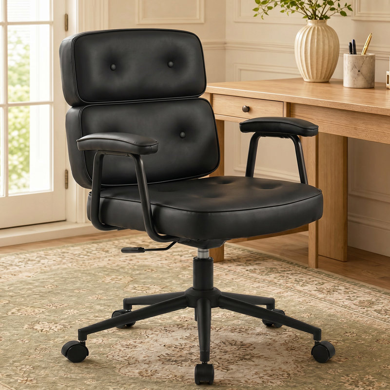 Faux Leather Button Tufted Task Chair, Office Swivel Chair with Padded Armrests, Black