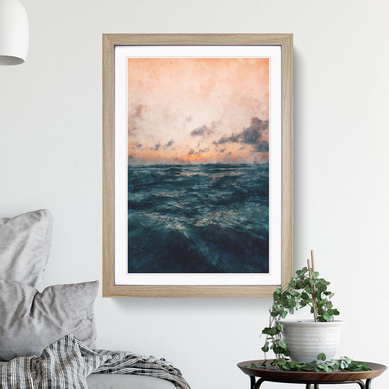 Ocean Beneath a Peach Sky - Picture Frame Graphic Art Print, Oak Framed, 63cm H x 45cm W x 2cm D