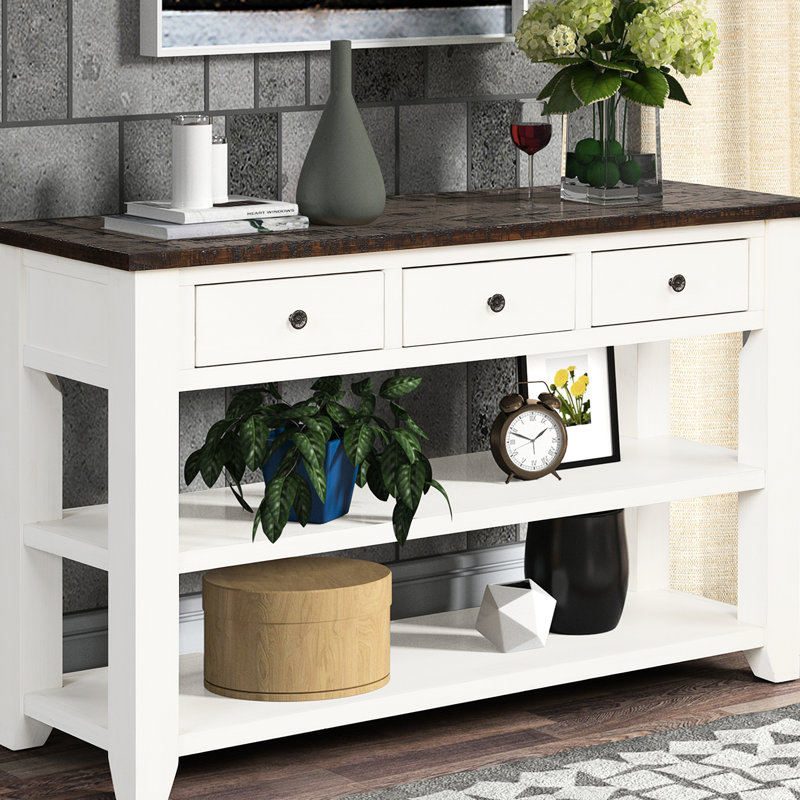 Console Retro Blue + Brown, bois de pin massif de 48 po, 3 tiroirs et 2 tablettes, entrée moderne pour le côté simple de l'assemblage en bois avec fonction pour le salon, la chambre à coucher