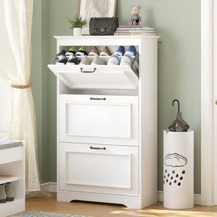 Shoe Storage Cabinet with Flip-Down Doors and Adjustable and Removable Divider, Wood Shoe Rack Cabinet, Holds 15-24 Pairs Shoes 