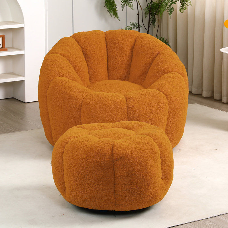 Compression Comfy Pumpkin Bean Bag Couch Sofa Chair,Soft Teddy Fabric Bean Bag Chair With Ottoman, Orange Teddy