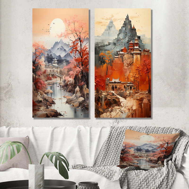 «Voyage le long de la route de la soie», art mural chinois sur toile, ensemble de 2, Toile tendue, H 28 po x l 25 po