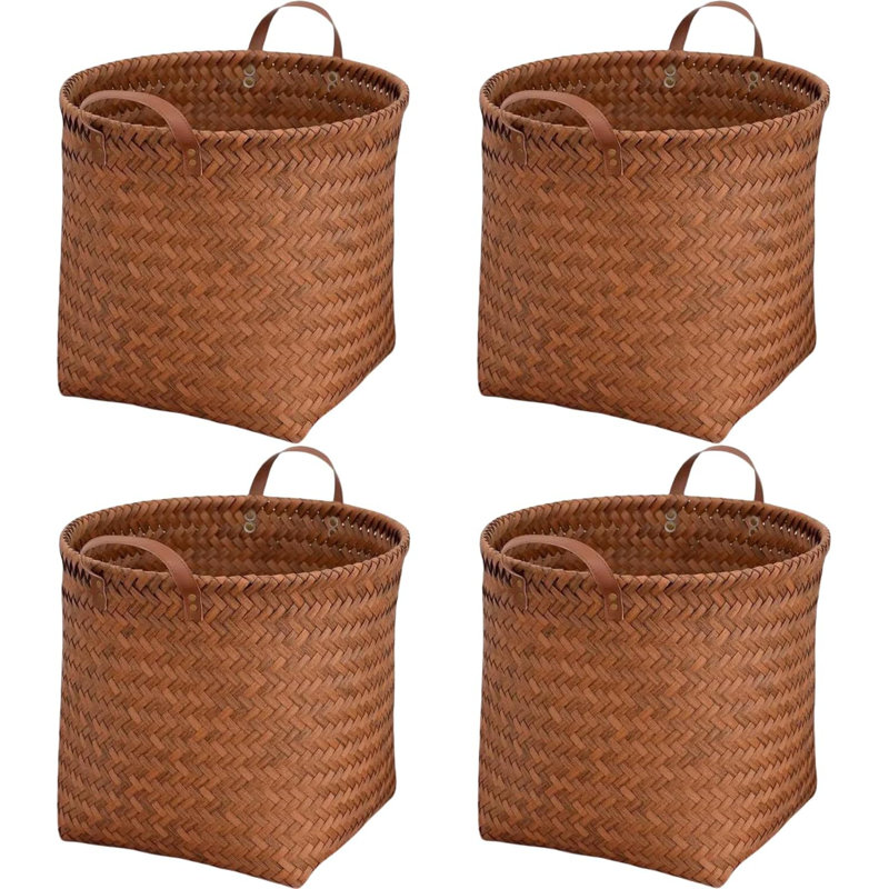 Set of 4 Brown Wicker Cube Storage Baskets with Handles