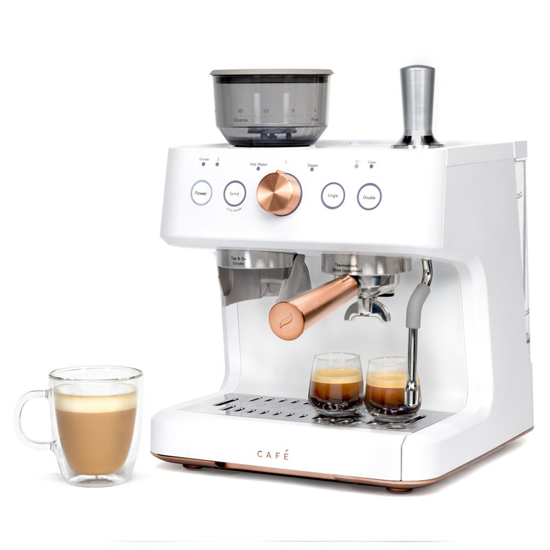 Matte White Semi-Automatic Espresso Machine with Grinder and Steam Wand