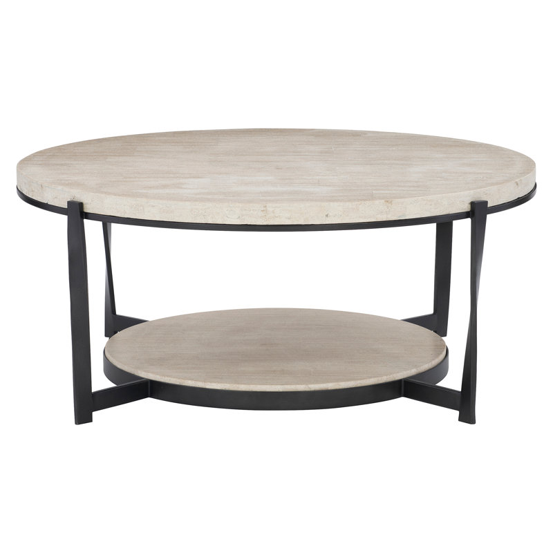 Transitional Beige & Black Round Wood Coffee Table with Storage