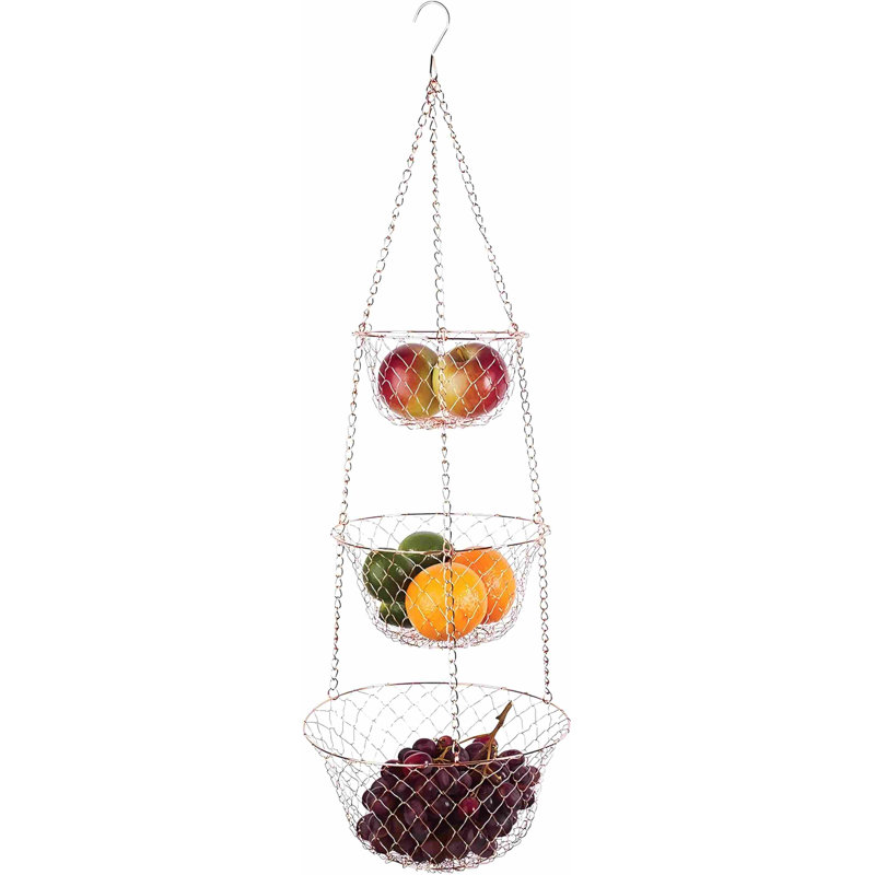 3-Tier Copper Kitchen Hanging Fruit Baskets, 32 Inches