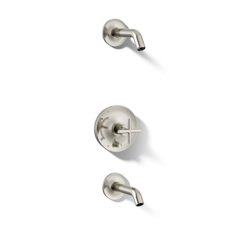 Purist Rite-Temp Bath And Shower Trim Set With Push-Button Diverter And Lever Handle, Less Showerhead, Cross Handle