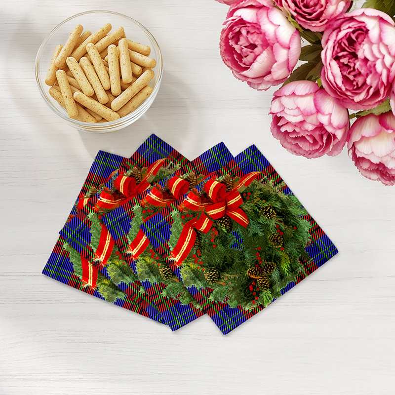 Christmas Wreath Cotton Sateen Cocktail Napkins, Tartan Blue