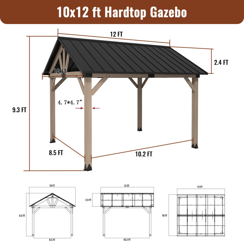 10'x12' Cedar Wood Frame Gazebo with Black Steel Gable Roof