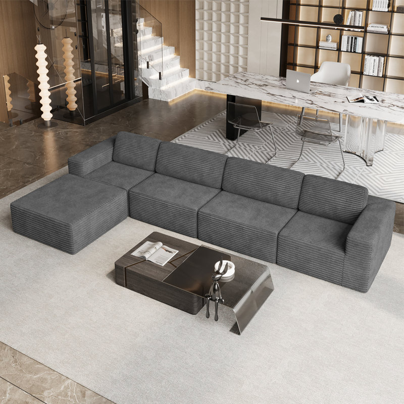 Modular Corduroy 404cm 4-seater Sofa With 1 Ottoman, No Assembly Required, With High Rebound Sponge, Grey