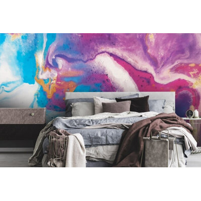 Vibrant Fluid Art Purple Teal Blue Pink Gold Abstract Acrylic Pour Marble Mural