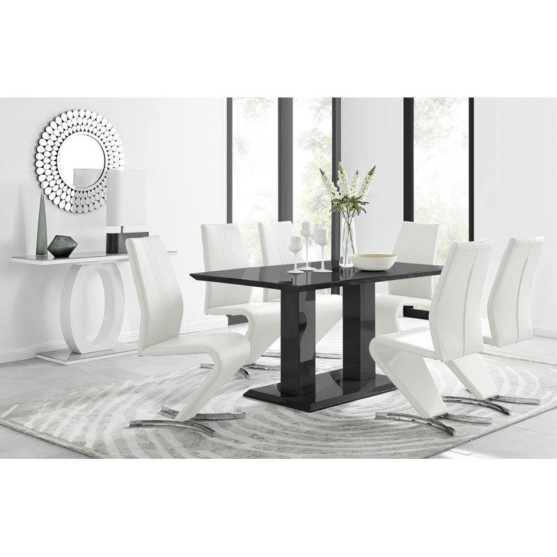 Edzard Double Pedestal High Gloss Dining Table Set with 6 Modern Faux Leather Dining Chairs, White