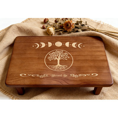 Handcrafted Wooden Altar Table With Engraved Moon Phases And Tree Of Life Design - Portable Meditation Table For Wiccan, Witchcraft, Buddhist Shrine, And Spiritual Practices