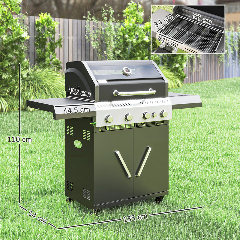 Dakota 4+1 Burner Gas BBQ Grill with Clear View Lid, Thermometer, Black