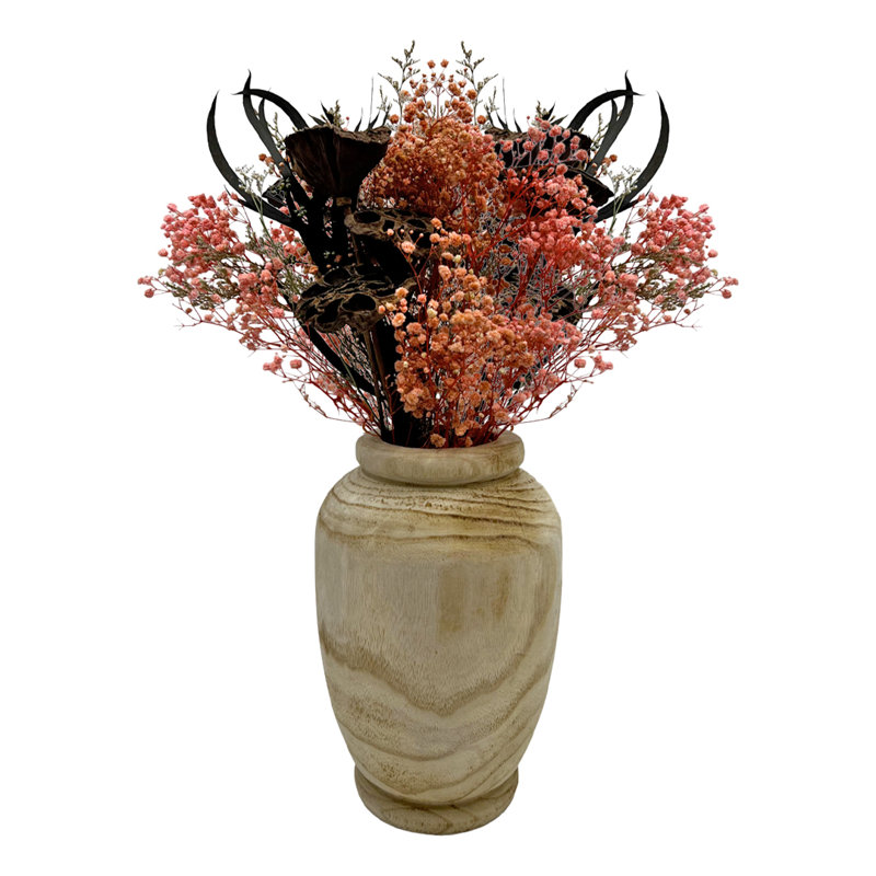 Arrangement floral mélangé préservé dans un vase en bois