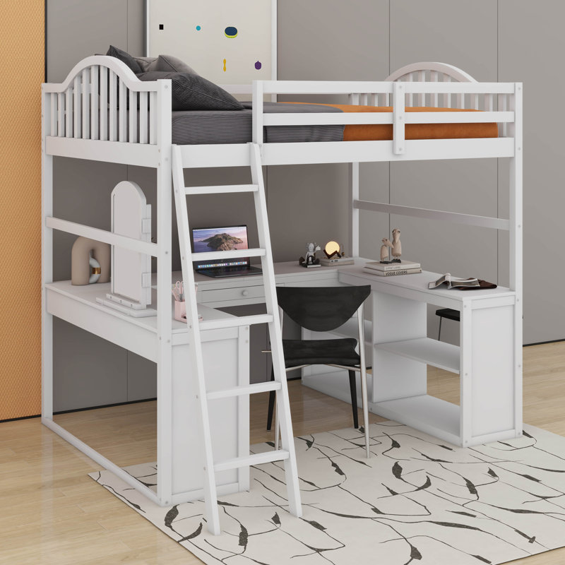 Lit mezzanine double en bois avec compartiments de rangement, bureau et miroir à trois volets