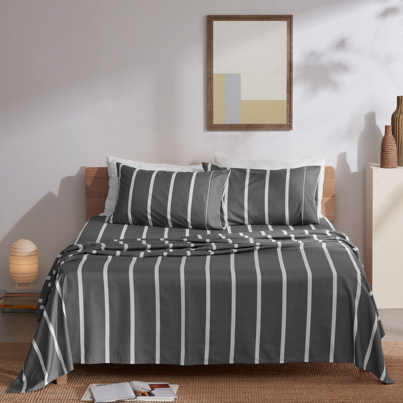 Microfiber Twill Striped Fitted Sheet, Twin Sheet Set + Fitted Sheet + 1 Pillowcase, Gray/White Stripe