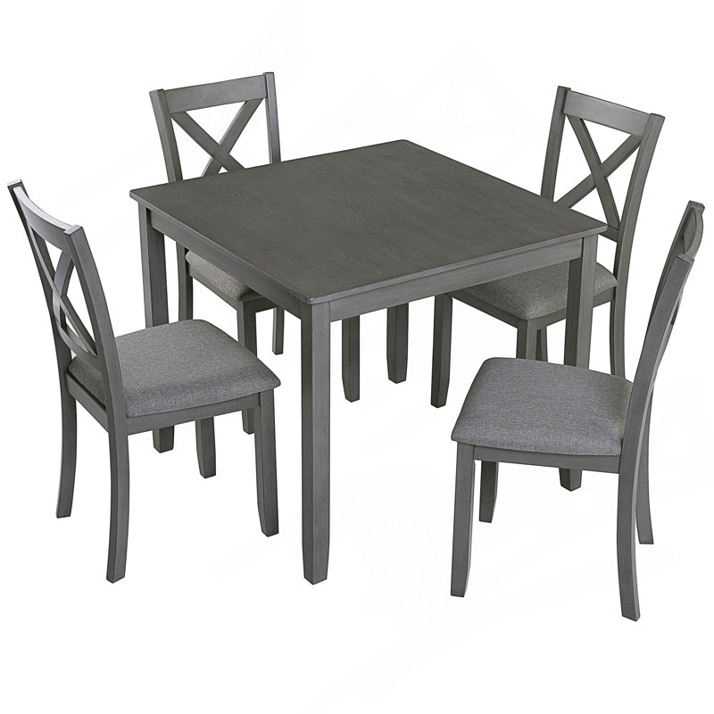 Ensemble de salle à manger moderne 5 pièces avec table carrée en bois et 4 chaises rembourrées pour espaces compacts, Gris