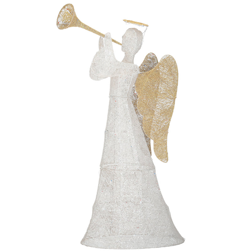60-Inch White and Gold Sisal Trumpeting Angel with Multicolor LED Lights