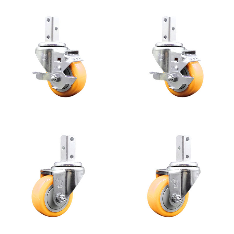 3.5 Inch Orange Polyurethane Wheel Swivel 3/4 Inch Square Stem Caster Set 2 Brake, Yellow