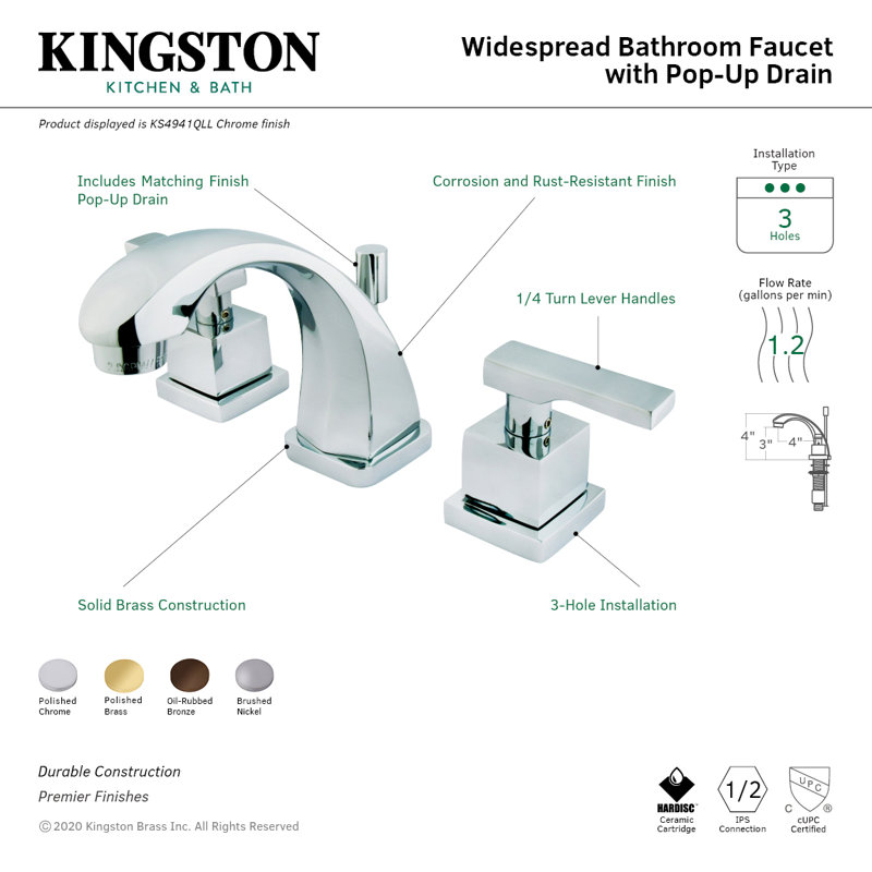 Kingston Brass Executive Two-Handle 3-Hole Deck Mount Widespread Bathroom Faucet with Brass Pop-Up Drain, Polished Brass