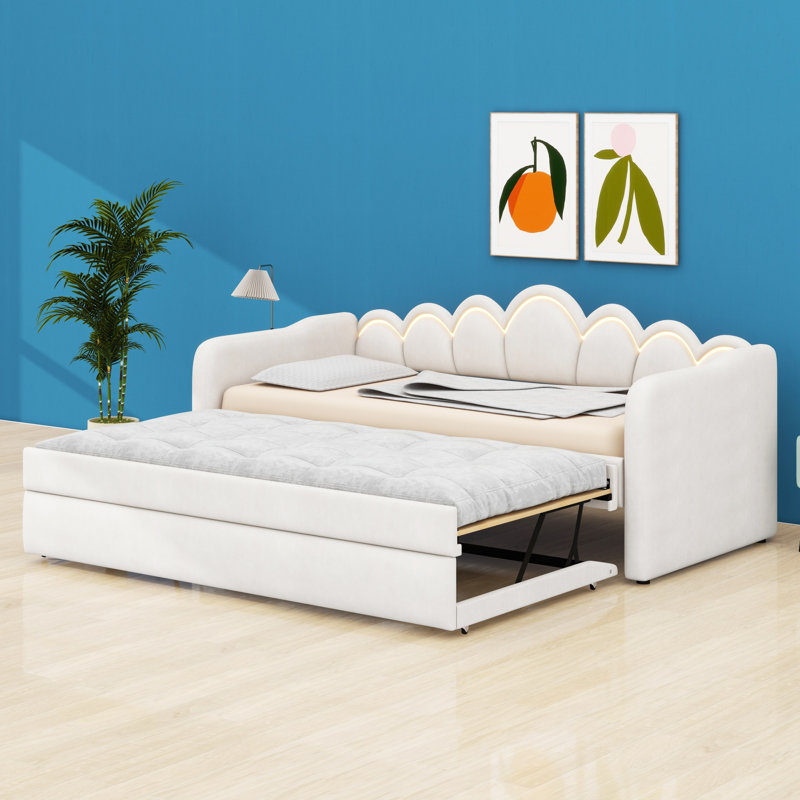 Contemporary Upholstered Daybed & Trundle with LED Lights, White