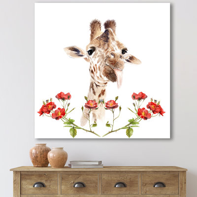 Portrait d'une girafe avec des fleurs II - Peinture sur toile