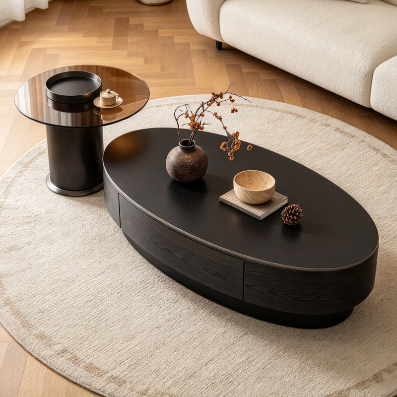 French Style Minimalist Coffee Table Coffee Table, White/Tan Top/Black Base, Couleur unie
