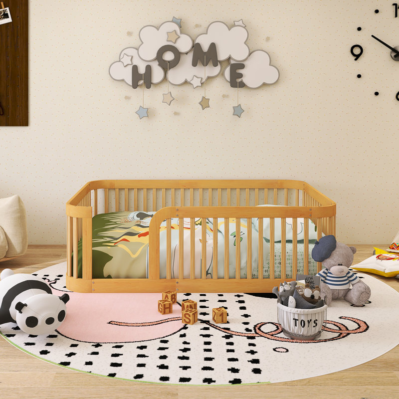 Lit double sur pied avec clôture en bois, Naturel, Lit double