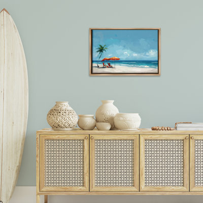 «Beach Chair Symphony», toile flottante encadrée noire par Irena Orlov