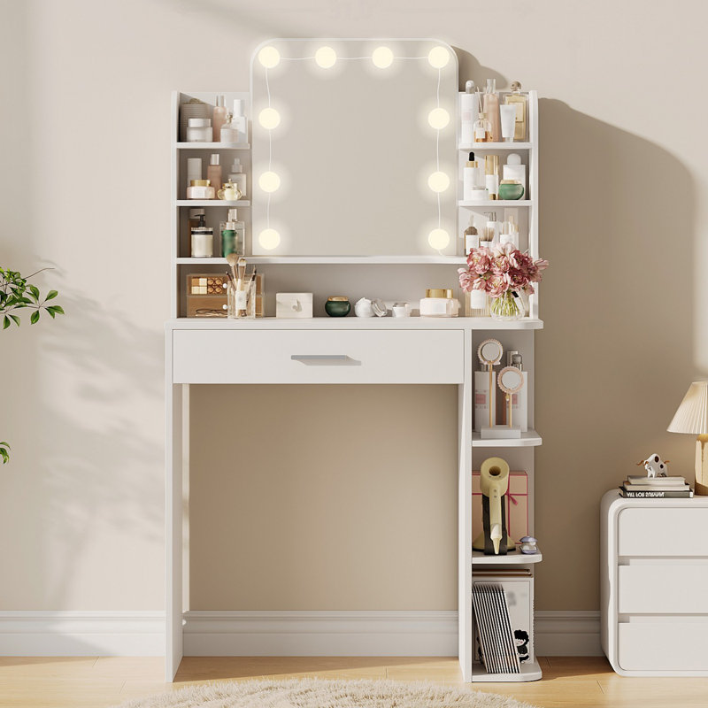 Coiffeuse Narien avec miroir lumineux à DEL et prise de courant pour la chambre à coucher, Blanc
