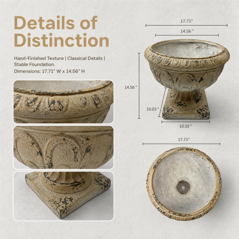 Grande grande jardinière en forme d'urne de jardin blanche antique, composite MGO, forme d'urne classique, trou de drainage et bouchon, résistant aux intempéries