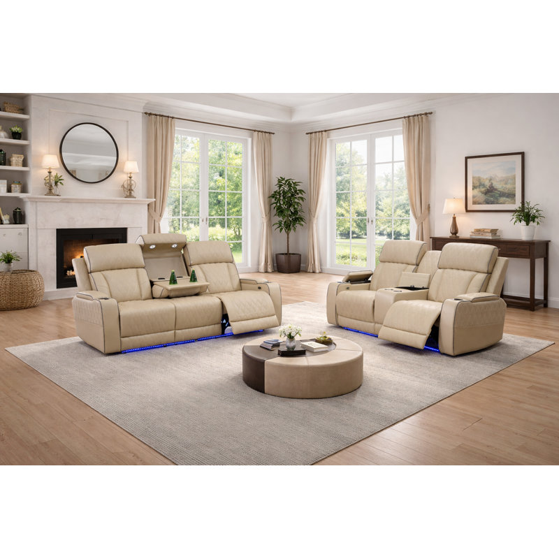 Ensemble de canapé et causeuse inclinables électriques en faux cuir beige avec porte-gobelets et éclairage à DEL