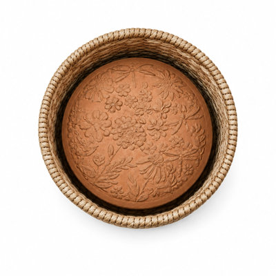 Eangee Handwoven Seagrass Bread Warmer Basket with Terracotta Warming Stone, Dragonflies and Blooms, Round, Natural