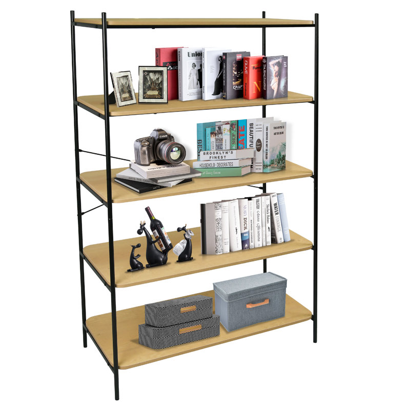 Bibliothèque à 5 niveaux en grain de bois moderne - Bibliothèque autoportante et rangement pour bureau à domicile, chambre à coucher et étagère