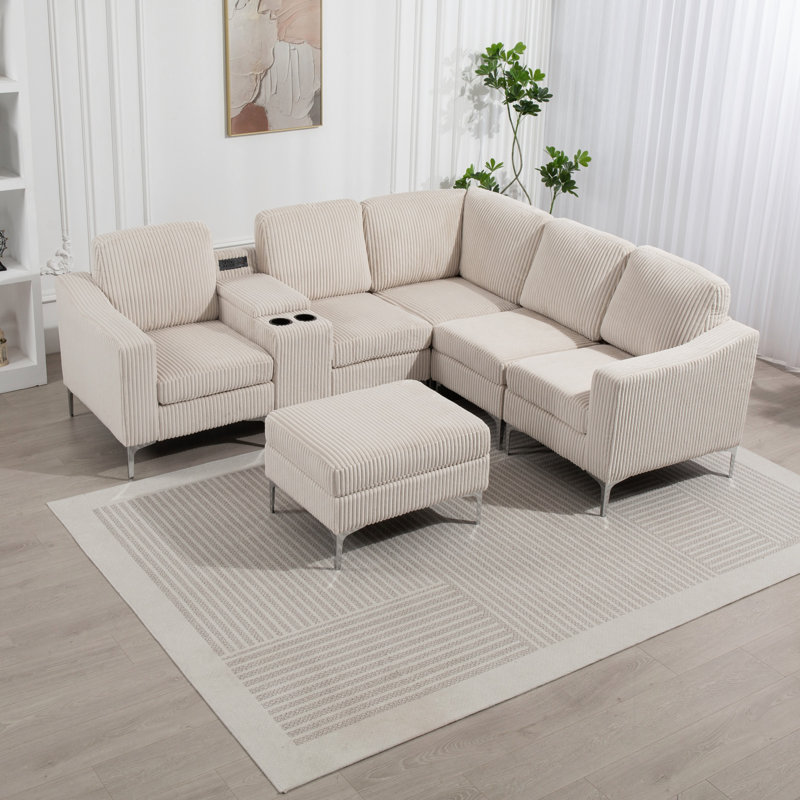 Canapé modulaire rembourré en L en velours côtelé avec repose-pieds, porte-gobelets et ports USB pour la vie moderne