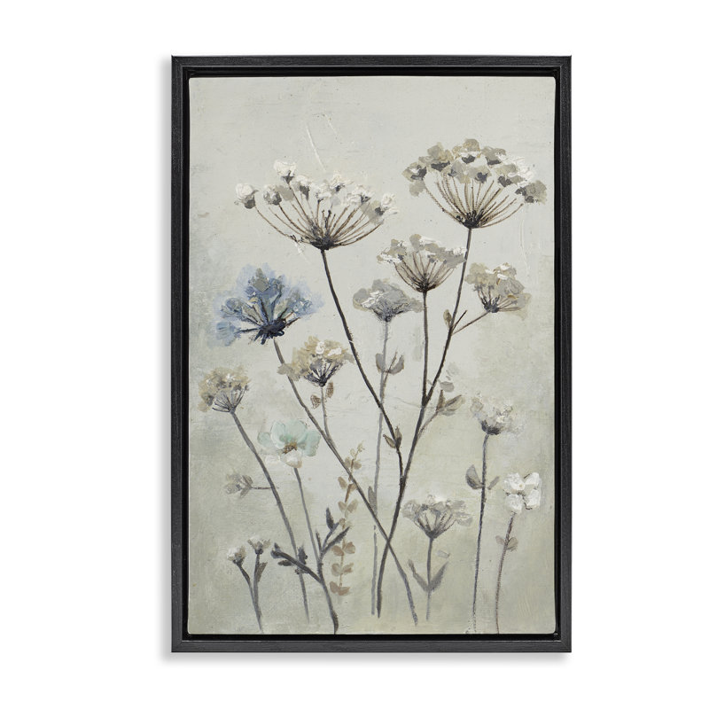 «Wild Dandelion Sprigs», art mural encadré par flotteur, H 25 po x l 17 po, Cadre flottant noir de jais