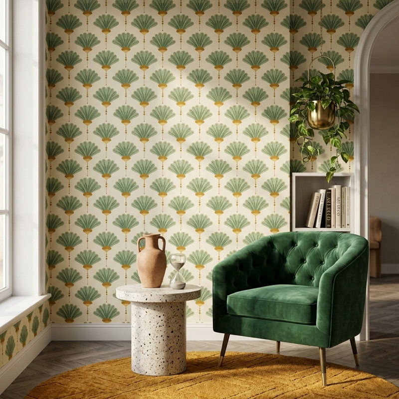 Rouleau de papier peint à motif de feuilles de ginkgo amovibles Art Deco, Textured Non-Pasted