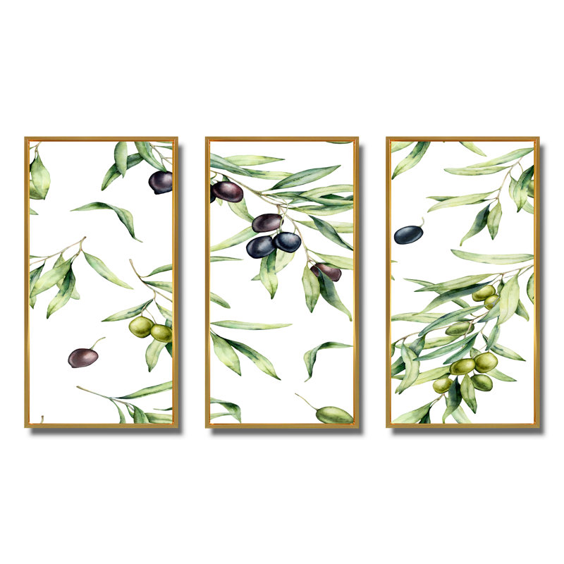 «Green and Black Olives With Olive Branches & Leaves», peinture sur toile 3 pièces, H 32 po x l 48 po, Doré