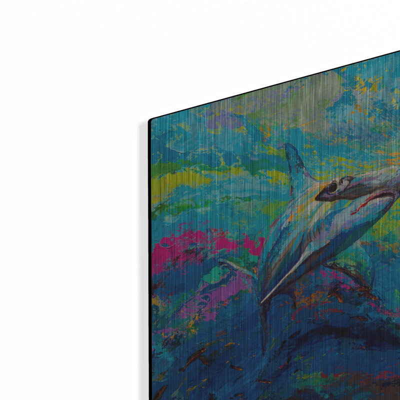 «After Dinner Swim Hammer Head Shark» par Jace D McTier - peinture sur métal sans cadre, H 16 po x l 24 po x P 0,13 po