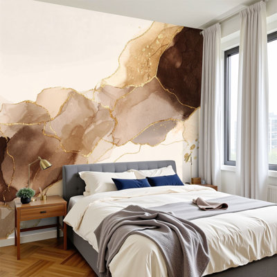 Peel and Stick Wallpaper 144" W x 100" H Modern Self Adhesive Wall Mural for Bedroom Beige brown watercolor fluid painting design Dusty pastel neutral