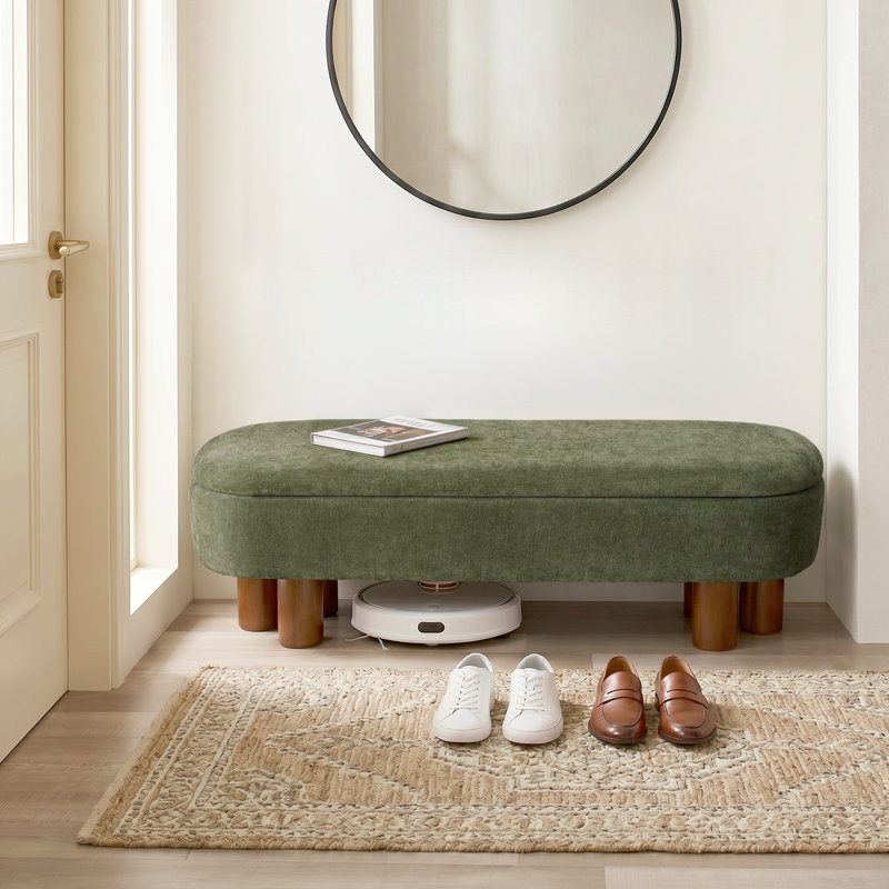 Banc de rangement rembourré à dessus rabattable avec pieds en bois massif, Green Linen
