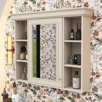 Elegant Bathroom Storage Cabinet with Mirror Door and 5 Open Shelves