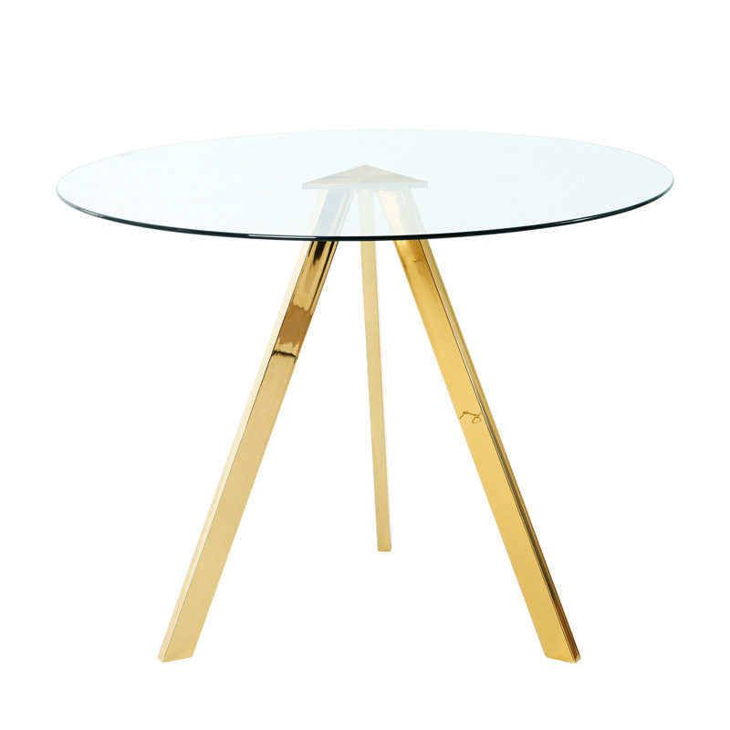 Table de salle à manger ronde moderne de 39,2 po avec pieds en métal doré et plateau en verre transparent pour le salon et la cuisine, design trempé tendance, facile à installer, robuste, élégant et facile à nettoyer
