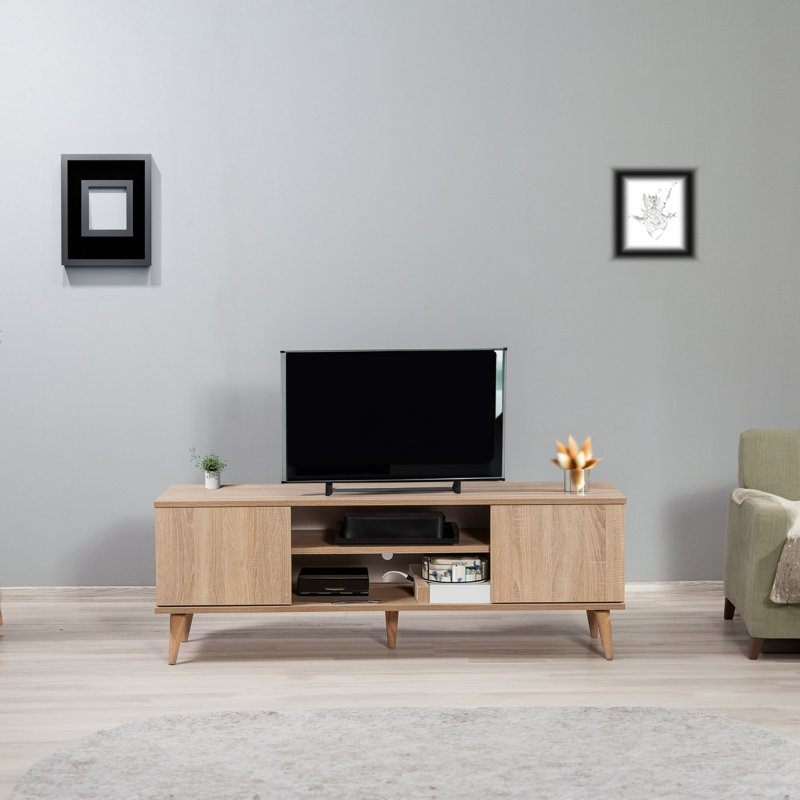 Modern TV Stand with Hornbeam Legs, Sonoma Oak Finish, 55.1 x 19.7 x 15.7 inches | 100% Melamine Coated Particle Board, UV Coating | Multiple Shelves, Wall-Mountable, Additional Storage | Scandinavian Design