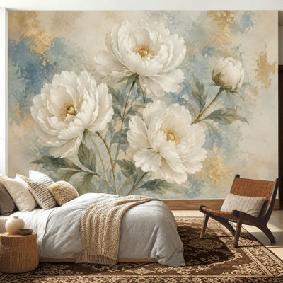 Papier peint adhésif auto-adhésif moderne pour la chambre à coucher Peel and Stick L 100 po x l 144 po - avec pivoines blanches élégantes