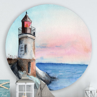 A Lighthouse On A Rock Shore In Early Morning - Unframed Painting on Metal