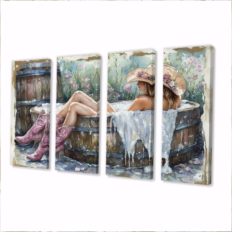 Cow-Girl prenant un bain dans un baril de ferme V - ensemble de salon d'art mural, H 32 po x l 64 po