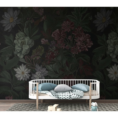 Dark Botanical Wallpaper Mural, Moody Floral Wall Art, Vintage Wildflower Foliage, Deep Green Burgundy Charcoal, Dark Academia Luxury Decor